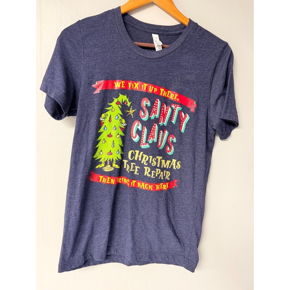 Bella Canvas Santy Claus Christmas Tree Repair Graphic T Shirt Small Navy